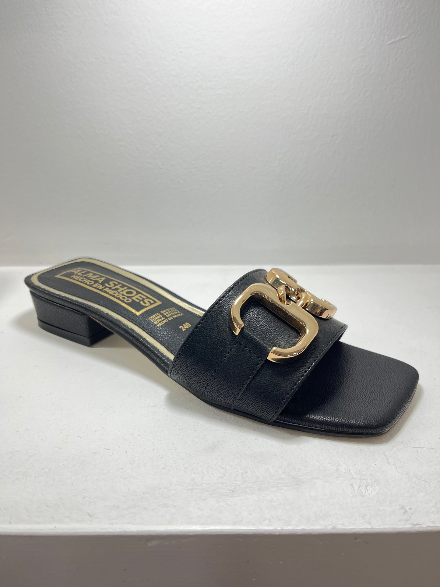 Sandalias negro con hebilla dorada – Alma Shoes