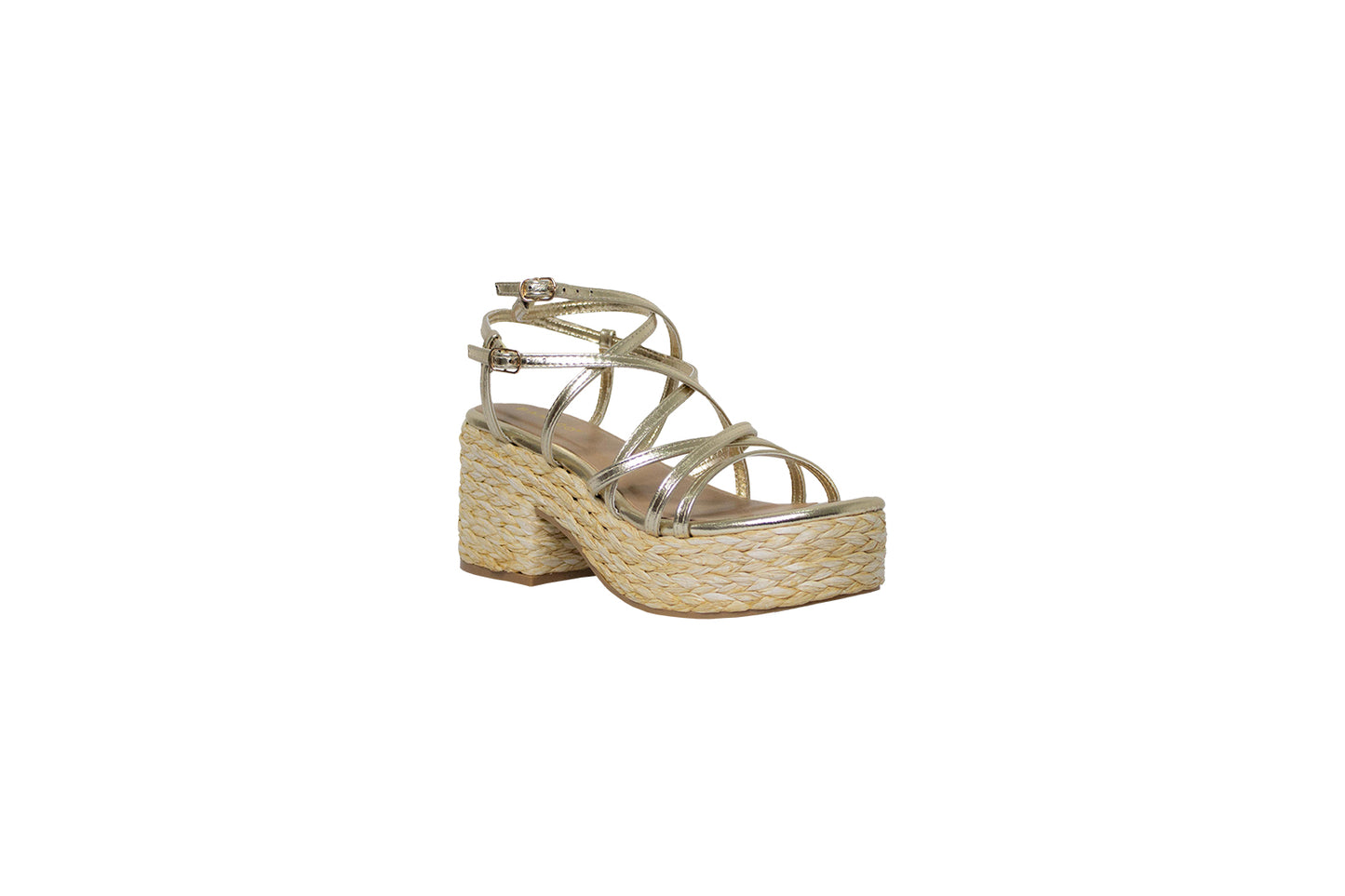 Tacon Ancho Estilo Alpargata Color Natural y Oro