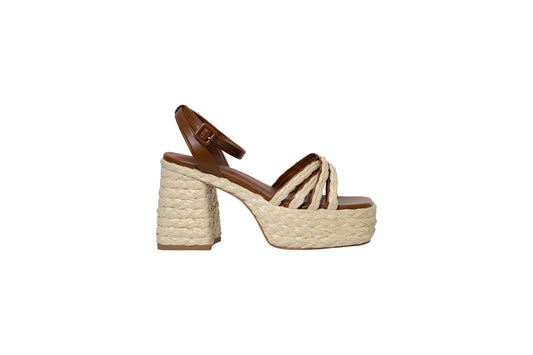 Tacon Ancho Estilo Alpargata Color Natural y Camel