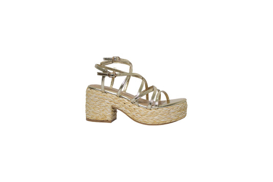 Tacon Ancho Estilo Alpargata Color Natural y Oro