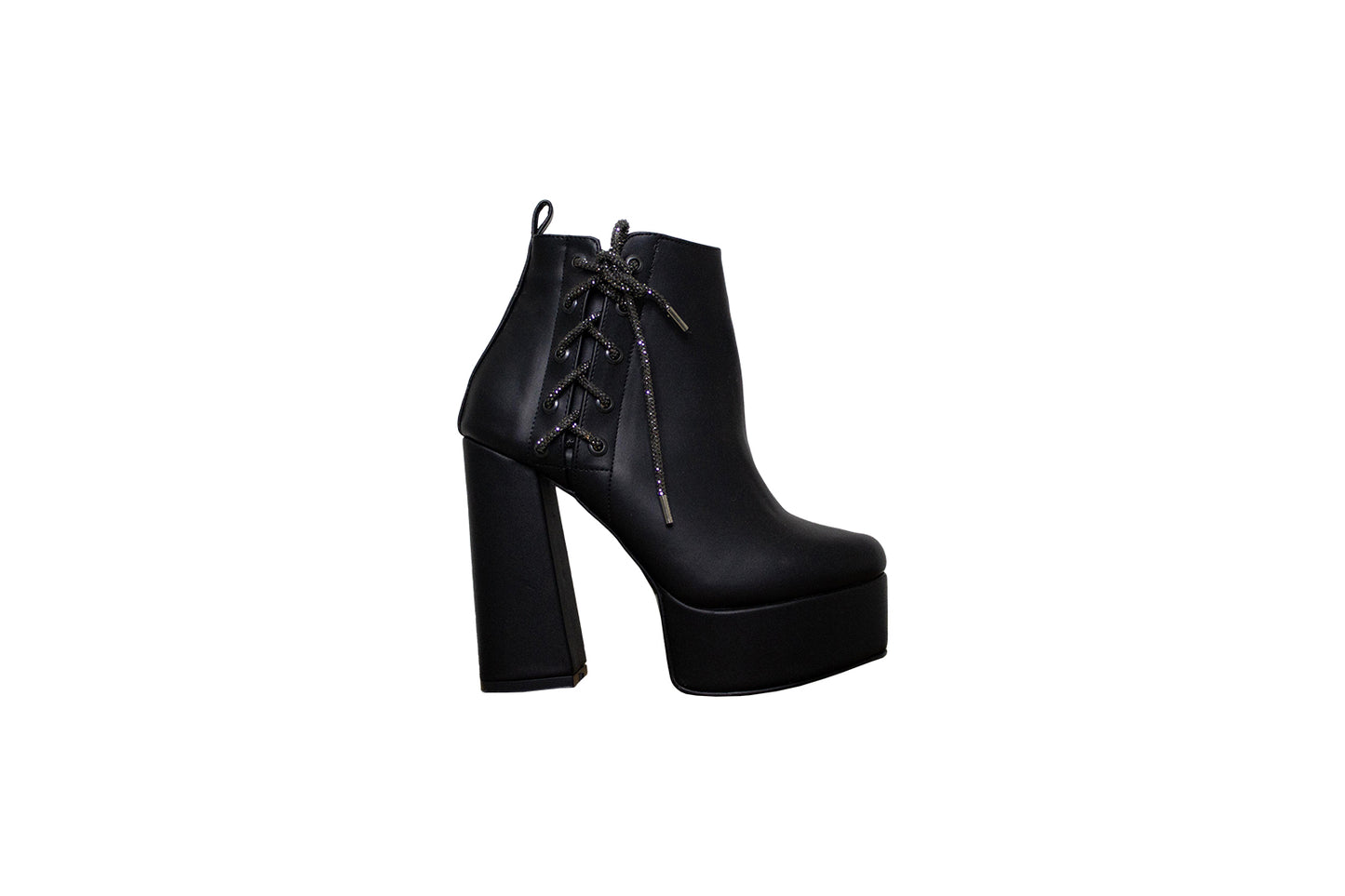 Botín plataforma de piel color negro con cintas brillantes – Alma Shoes