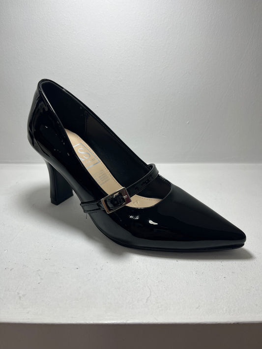 Tacones negros con banda con hebilla – Alma Shoes